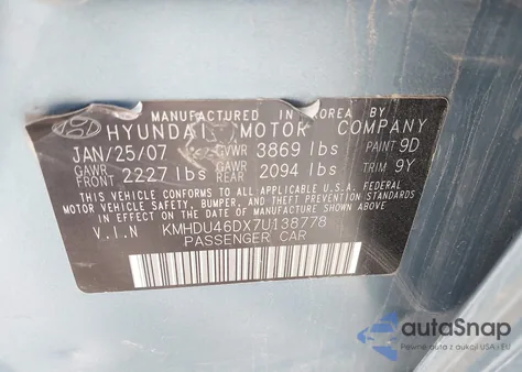 2007 Hyundai Elantra Gls/Limited/Se from USA, damaged, VIN KMHDU46DX7U138778